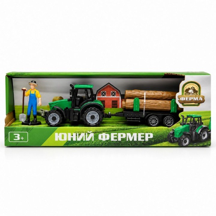 Трактор інерційний з причепом дрова і фігуркою (ЗЕЛЕНИЙ)