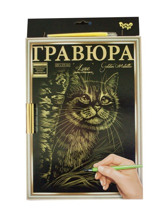 Гравюра "LUXE А4" з рамкою "Golden Metallic: Кот"