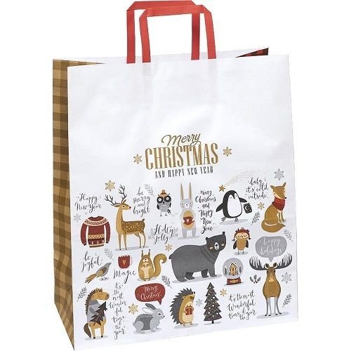 Пакет подарунковий паперовий НОВОРІЧНИЙ КРАФТ білий "Звірята" 32*15*38 см