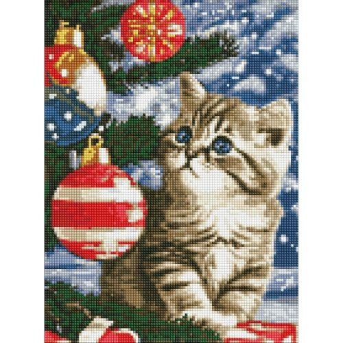 Набір з алмазною мозаїкою "Кошеня під ялинкою" з АВ стразами 30х40см