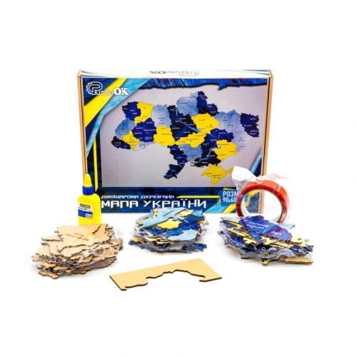 Мапа України двошарова деревʼяна, настінна, синьо-жовта р. 60*90 см 60906 PuzzleOK