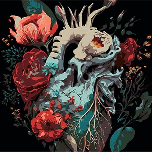 Картина за номерами "Квіткова експресія серця" на чорному фоні розміром 30х30 см