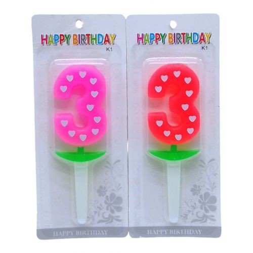 Свічка-цифра неон з сердечком "3" 5см (24089)