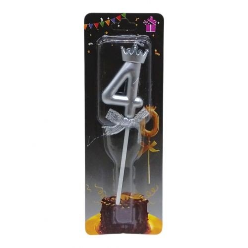 Свічка для торта "Цифра 4 з короною" (срібло)