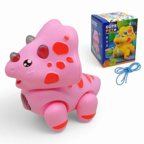 Динозавр з мотузкою на батарейках, світло, музика, ходить (рожевий)