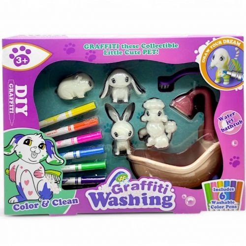 Набір для творчості(4 флоксові фігурки тварин, помпова подача води, 6 кольорових фломастерів, ванночка, щіточка)