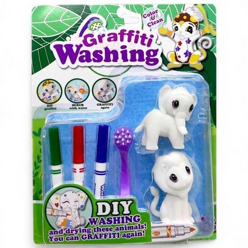 Набір для творчості  (2 флоксові фігурки тварин, 3 кольорові фломастери, щіточка) слон+лев