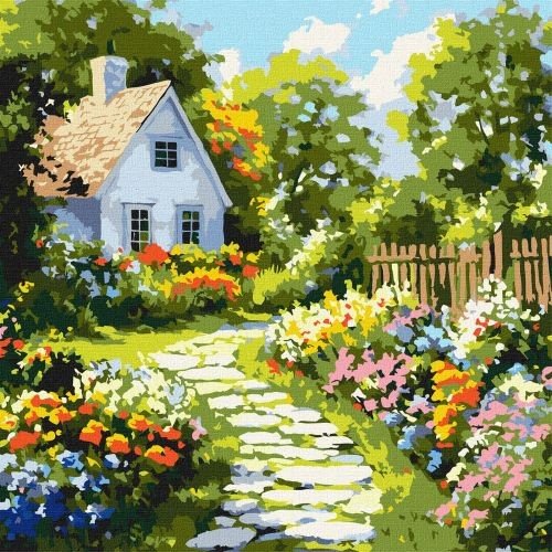 Картина по номерах "Квіти біля хатини" 40х40 см