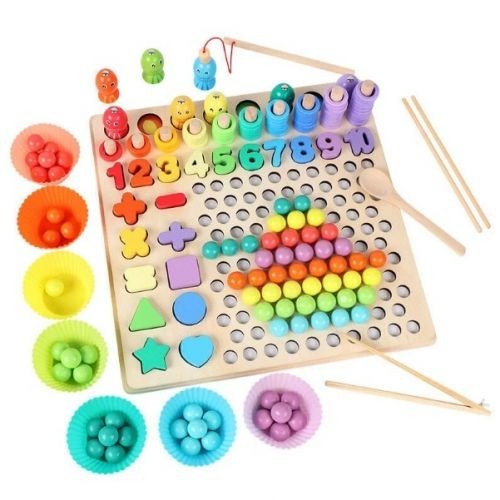 Логічна дошка дерев`яна (кілочки, магнітна риболовля, кульки, цифри, 3 картки, аксесуари для гри)