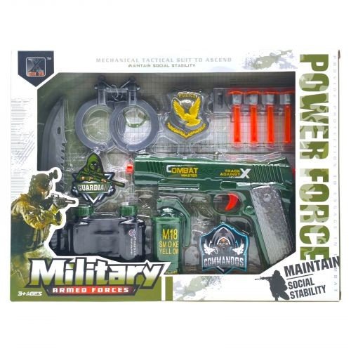 Військовий набір (пістолет, ніж, наручники, бінокль, димова шашка, значки)