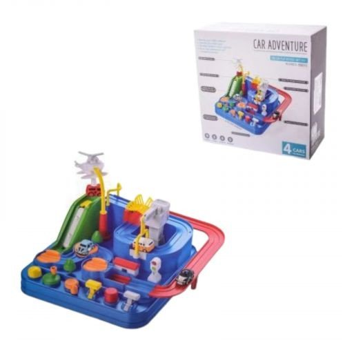 Трек 26х27х20, механічний принцип роботи, 6 механізмів для гри, важелі, підйомники, розводний міст, вертоліт із магнітом утримує машинку, світлофор, 2 ялинки, в коробці