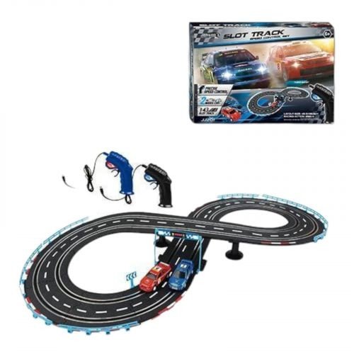 Трек на радіокеруванні траса 48х96 см, підсвічування, 2 машинки, масштаб 1:43, 2 пульти керування, підключення до траси за допомогою проводу, в коробці