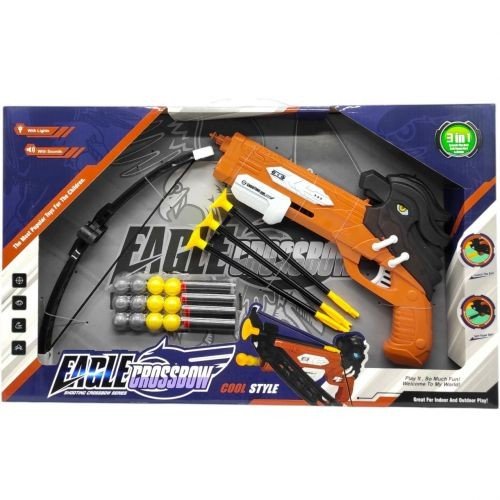 Арбалет (3 режими стрільби, підсвічування, механічний принцип роботи, звук орла, 3 стріли з присосками, 4 м’які патрони, 12 пластикових кульок) КОРИЧНЕВИЙ