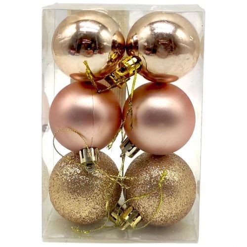 Новорічні прикраси, 6 штук, кульки діаметр - 4,5 см (ЗОЛОТО-РОЖЕВІ)