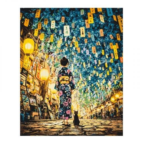 Картина за номерами Японська ніч. Дівчина з котом 40*50 см