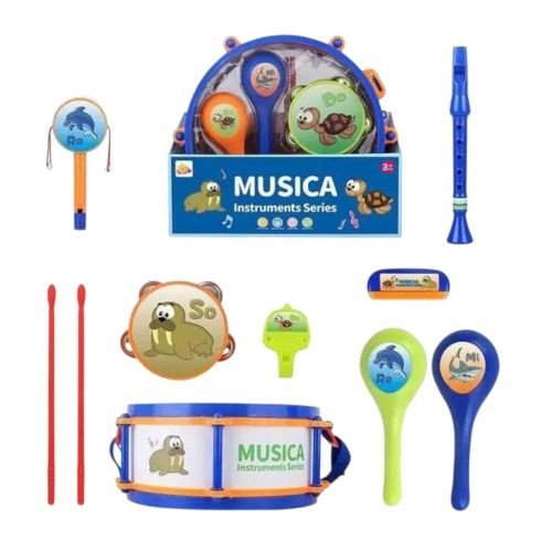 Набір музичних інструментів барабан: 28х28х12 см, барабанні палички, маракаси, бубон, кастаньєти, ремінець, в коробці