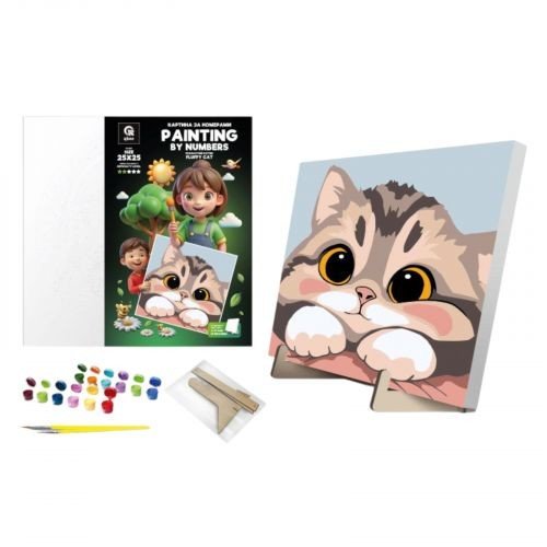 Набір для розпису по номерах 25х25 см "Пухнастий котик" з деревʼяною підставкою