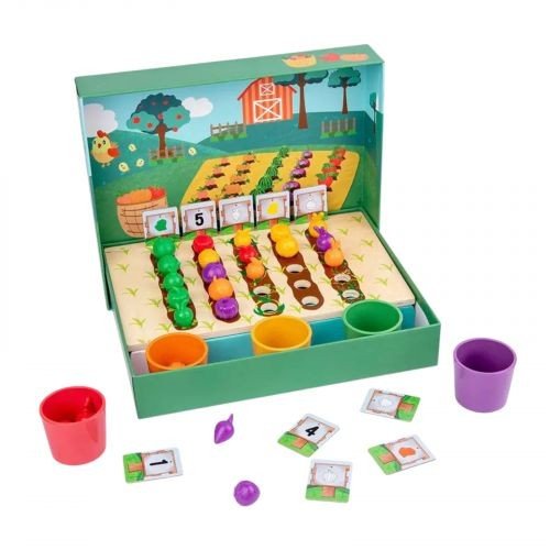 Логічна гра дерев’яна основа, 5 чаш для сортування, 25 гумових овочів, 10 двосторонніх карток із завданнями
