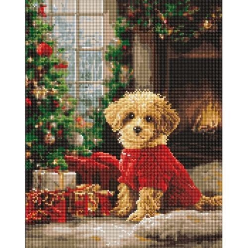 Алмазна мозаїка "Пудель біля ялинки" 40х50 см