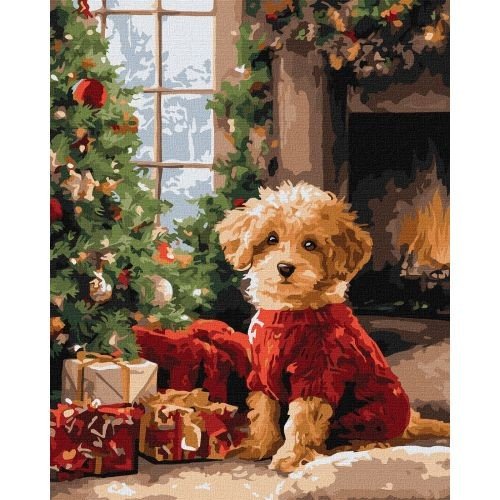 Картина по номерах "Пудель біля ялинки" 40х50 см