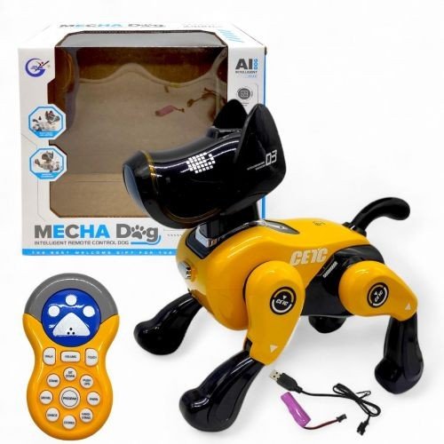 Песик на радіокеруванні (акум. 3,7 V, пульт 2,4 Ghz, музика, підсвічування, звуки, USB-кабель, сенсорний датчик, історії англійською мовою, танцює, виконує команди, регулювання гучності; коробка - 27х25х16 см (жовтий)