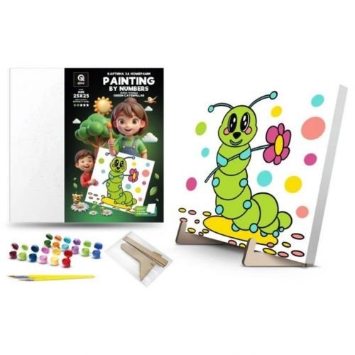 Картина по номерах "Зелена Гусениця" (25х25 см) з деревʼяною підставкою