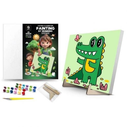 Картина по номерах "Маленький крокодил" (25х25 см) з деревʼяною підставкою