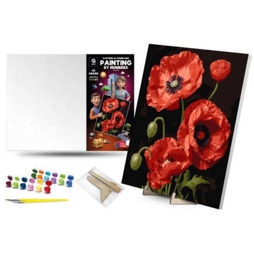 Картина по номерах 40х50 см "Чарівні маки" з деревʼяною підставкою