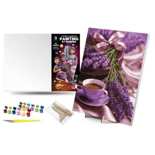 Картина по номерах 40х50 см "Лавандова кава"" з деревʼяною підставкою