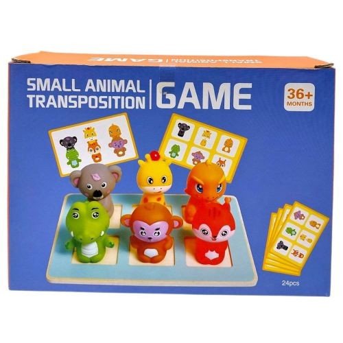 Логічна гра (деревʼяна дошка 18х12.5 см, гумові фігурки тваринок, двосторонні картки із комбінаціями тваринок) в коробці 20х6х15 см