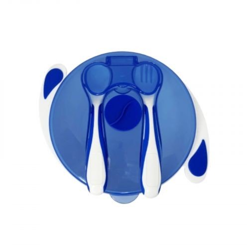 Тарілка на присосці з ложкою та виделкою (СИНЯ)