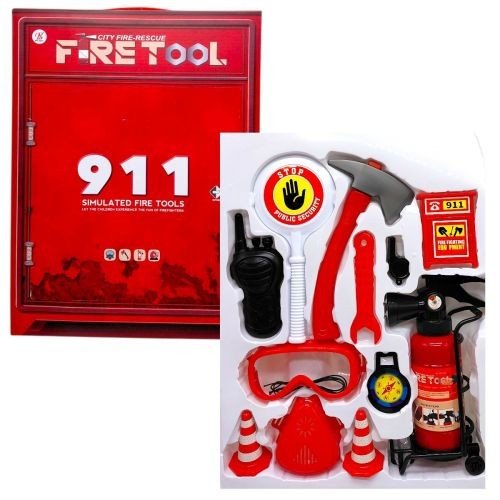 Набір пожежника (вогнегасник із світлом, звуком сирени та парогенерацією, респіратор, компас, рація, свисток, сокира, гайковий ключ) в коробці 40,5х7х30 см