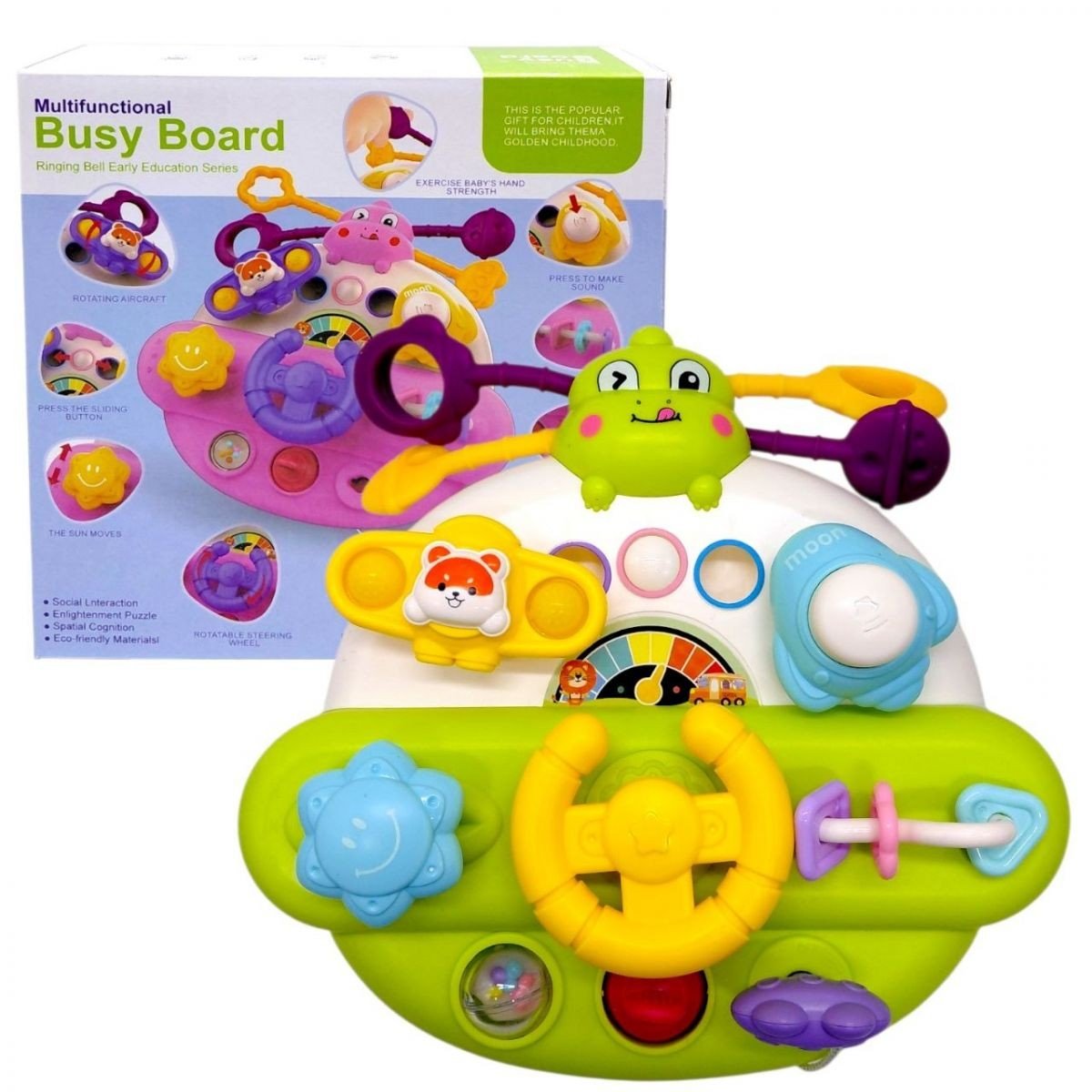 Фото2.Бізіборд “Кермо”, гумові мотузочки, спінер, пальчикові ігри, попіт, пискавка, тріскачка, замок запал