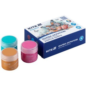 Фото1.Фарби акрилові, 6 металевих кольорів, 20 мл, Kite Creative