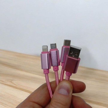 Фото1.Кабель тканинний 3 в 1, MicroUSB, Type-C та Lightning (рожевий)