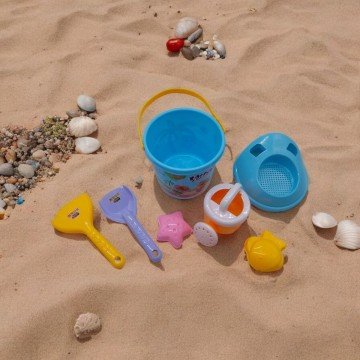 Фото1.Пісочний набір 6 елементів - відро, сито, лійка, лопатка, граблі, формочки (блакитний)