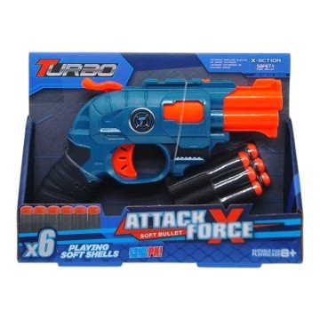 Фото1.Пістолет механічний, іграшковий, з подвійним дулом та мʼякими патронами, 20 см