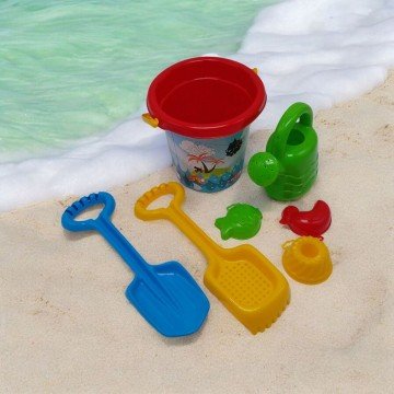 Фото1.Пісочний набір - відерце, лійка, лопатка, граблі-сито, 3 формочки