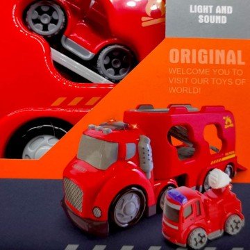 Фото1.Вантажівка автовоз пожежна з машинкою, технікою, світло, звук (ЧЕРВОНА)