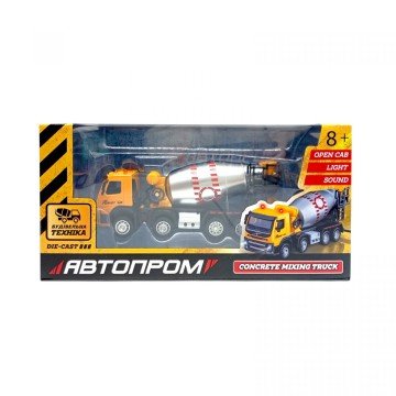 Фото1.Будтехніка мет. АВТОПРОМ VOLVO Автобетонозмішувач, бат,світло,звук,рухливі деталі,у короб. 28*14*10с