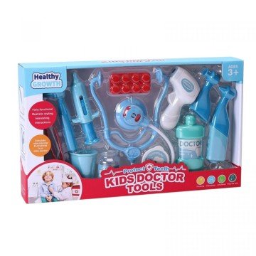 Фото1.Набір лікаря бормашина вібрує, заводний механізм, термометр, стетоскоп, пінцет, шприц, таблетки, бан