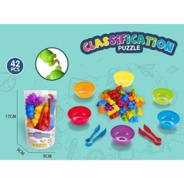 Фото1.Логічна гра, сортер, 42 елементів, 6 тарілочок, 2 пари щипців