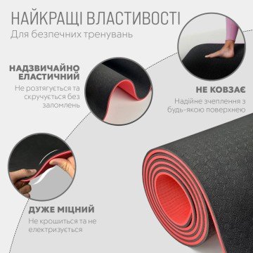 Фото2.Килимок для йоги та фітнеса EasyFit TPE+TC 6мм двошаровий + Чохол чорний з червоним EasyFit (297596)