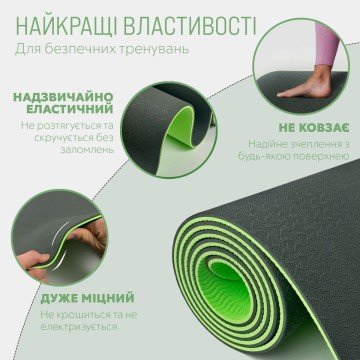 Фото2.Килимок для йоги та фітнесу EasyFit TPE+TC 6мм двошаровий чорно-зелений EasyFit (297614)