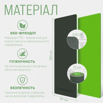 Фото4.Килимок для йоги та фітнесу EasyFit TPE+TC 6мм двошаровий чорно-зелений EasyFit (297614)